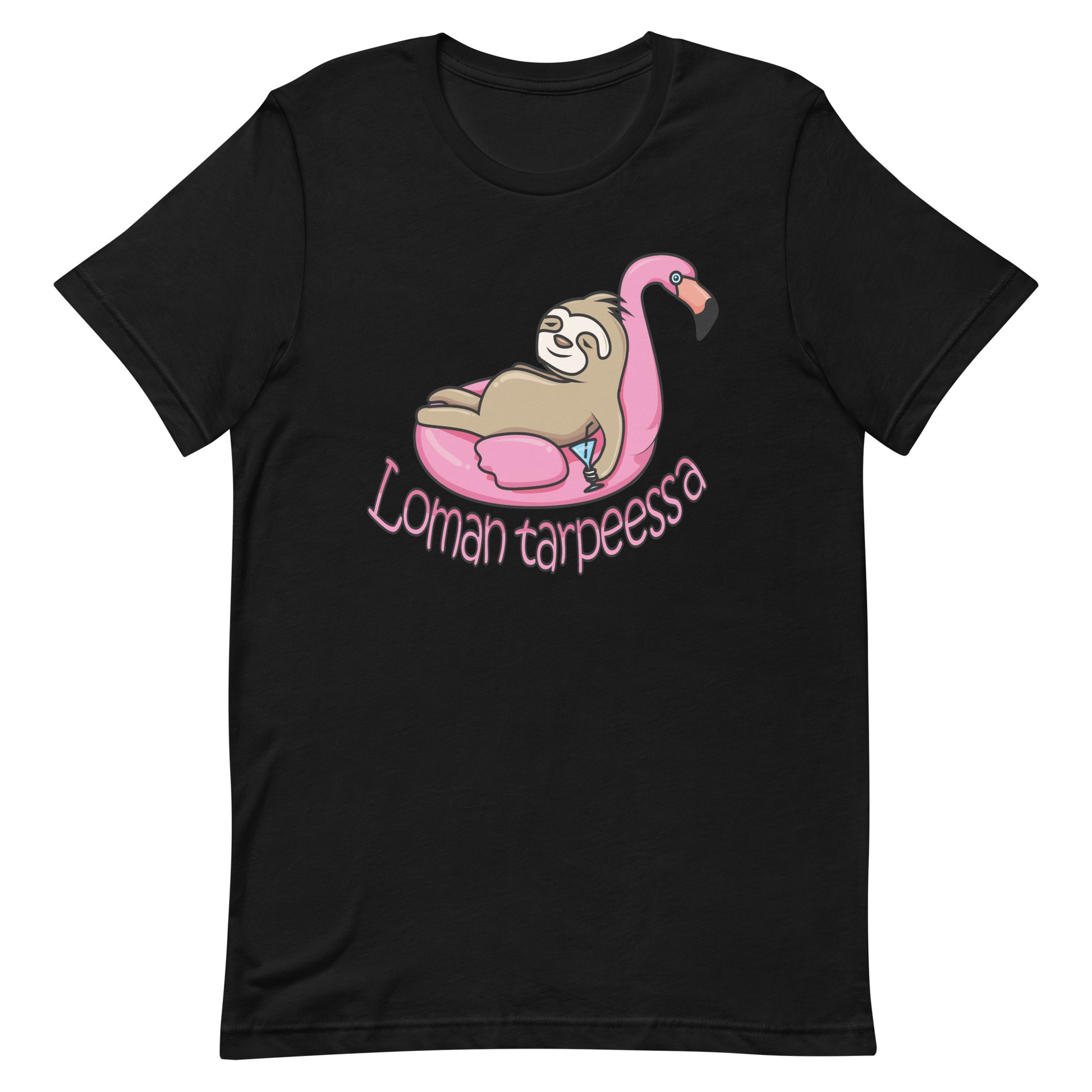 Meemirotta loman tarpeessa t-paita, jossa laaksonelijä ja flamingo kuvitus mustalla taustalla