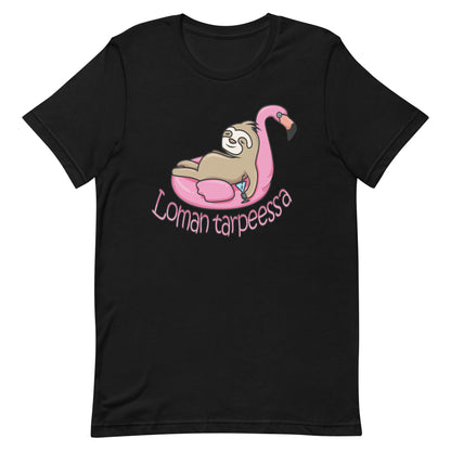Meemirotta loman tarpeessa t-paita, jossa laaksonelijä ja flamingo kuvitus mustalla taustalla