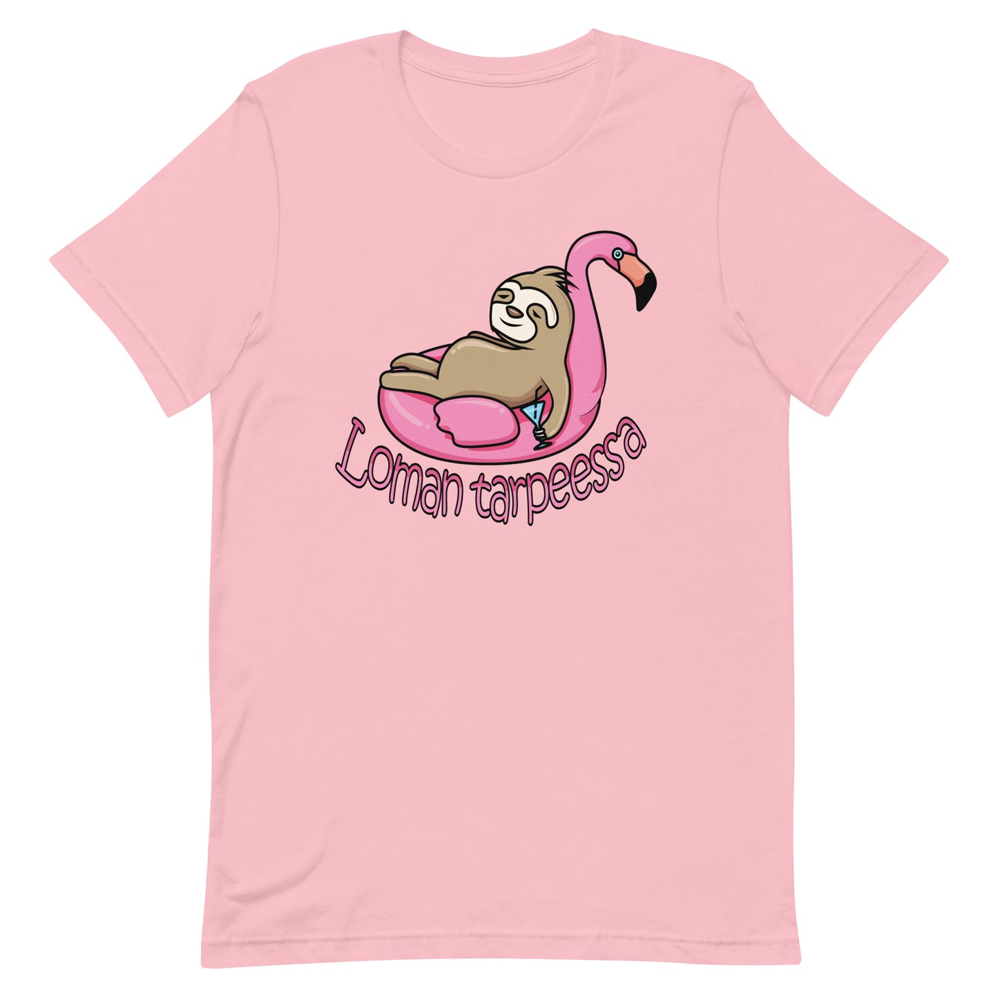 Vaaleanpunainen loman tarpeessa t-paita, jossa laiskaeläin ja flamingo-uintiväline