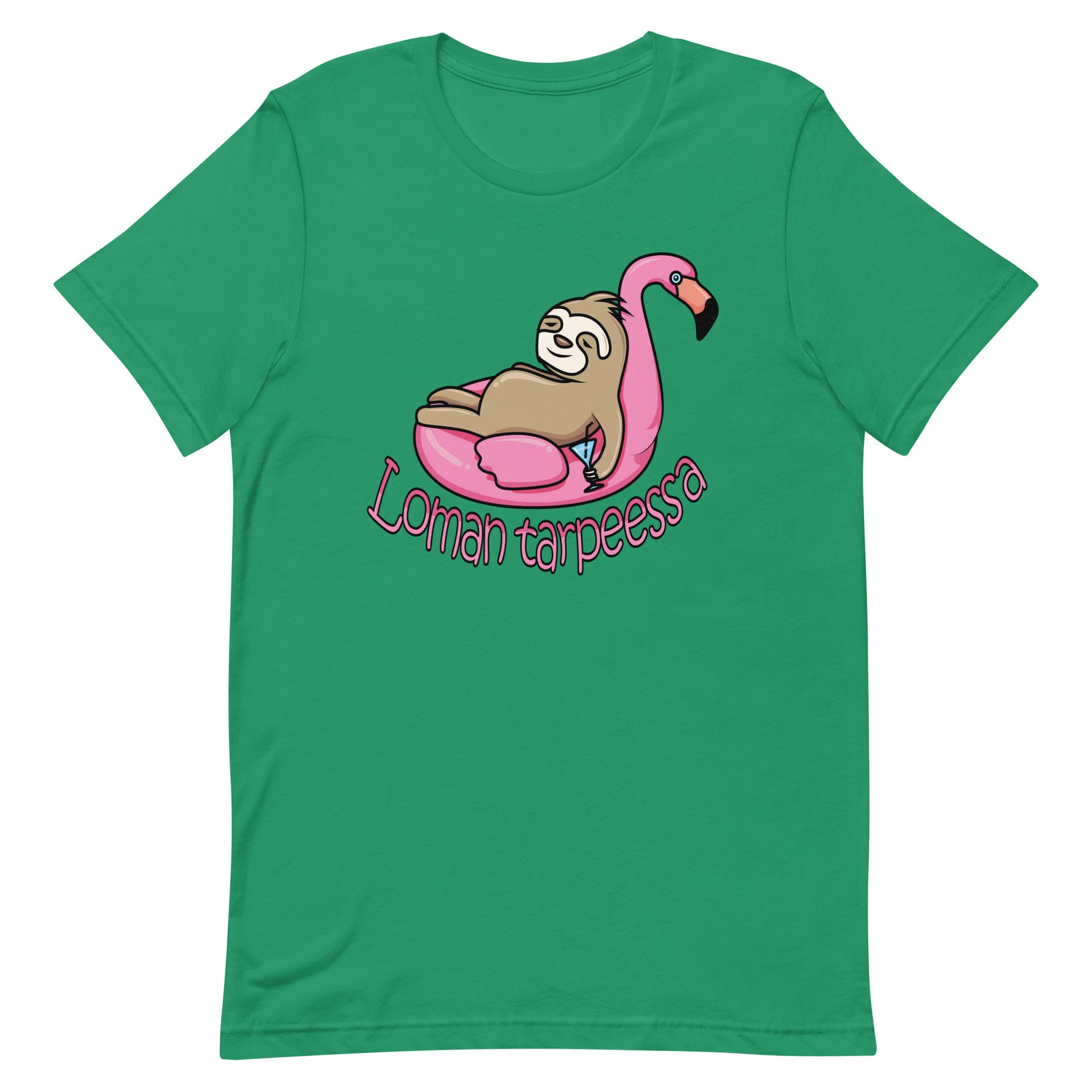 Vihreä loman tarpeessa t-paita, jossa on laiska ja flamingo pelastusrenkaassa