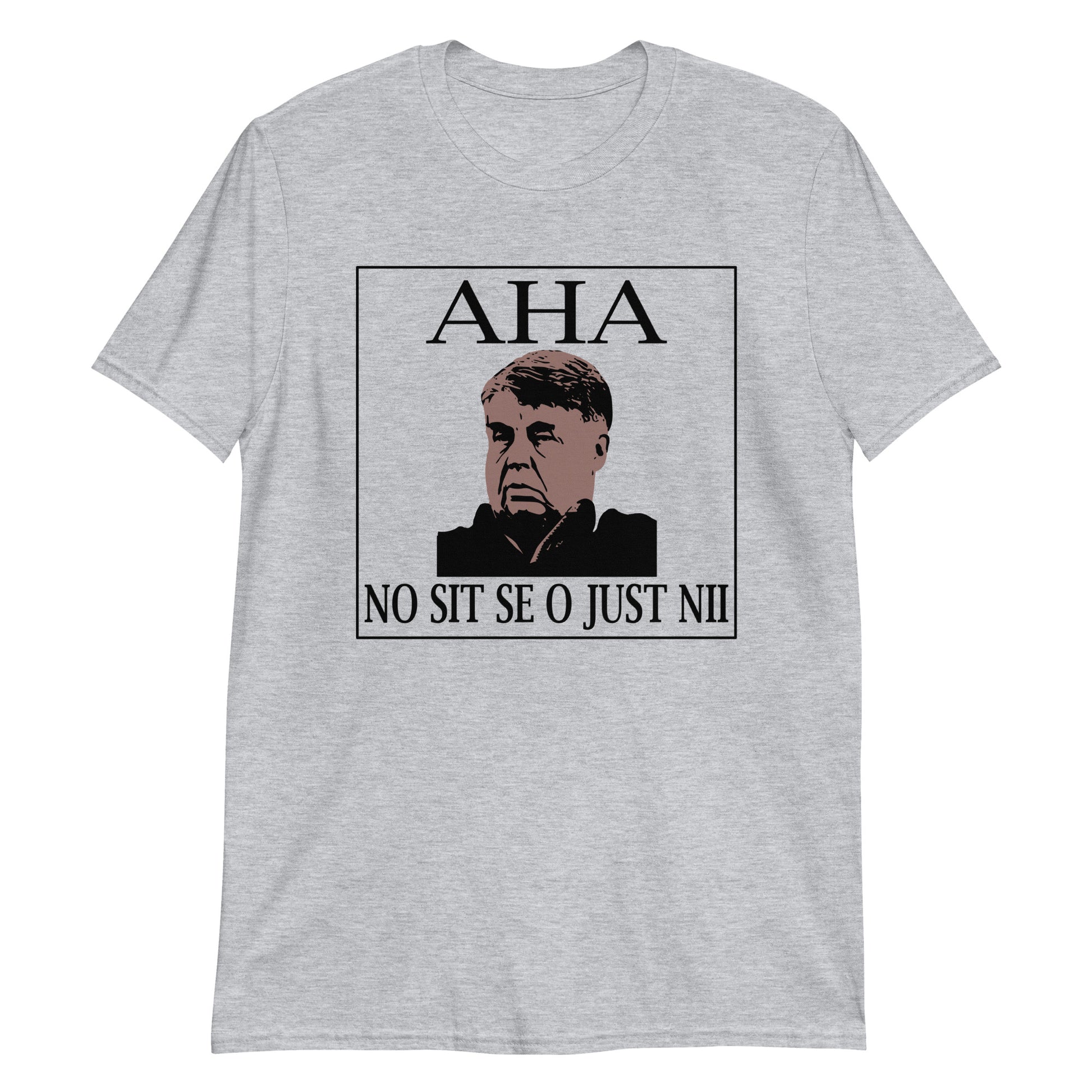 Harmaa Meemirotta no sit se o just nii t-paita, jossa on AHA-teksti ja kuva henkilöstä