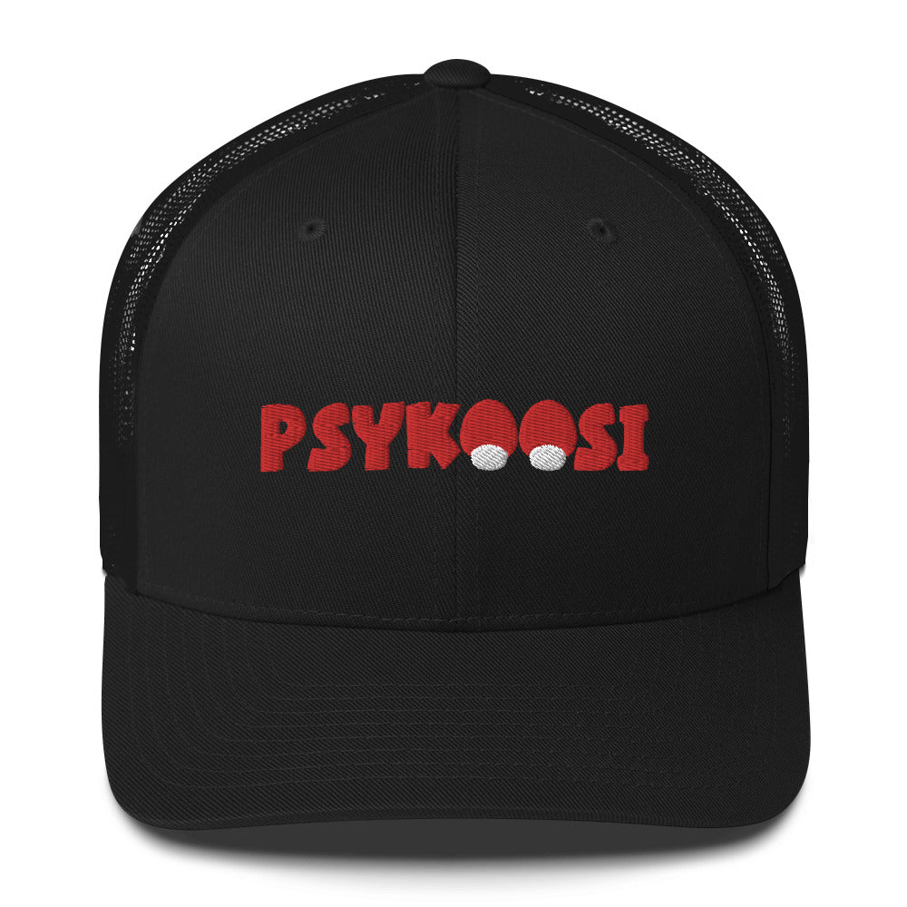 Meemirottan Psykoosi Lippis on kuvattu takaapäin sulautuen saumattomasti meemivaatteiden maailmaan. Tässä mustassa mesh-kuorma-auton hatussa on säädettävä snapback-kiinnitys ja nappi päällä, joten se on ihanteellinen lahjaidea leikkisälle tyylitajulle.