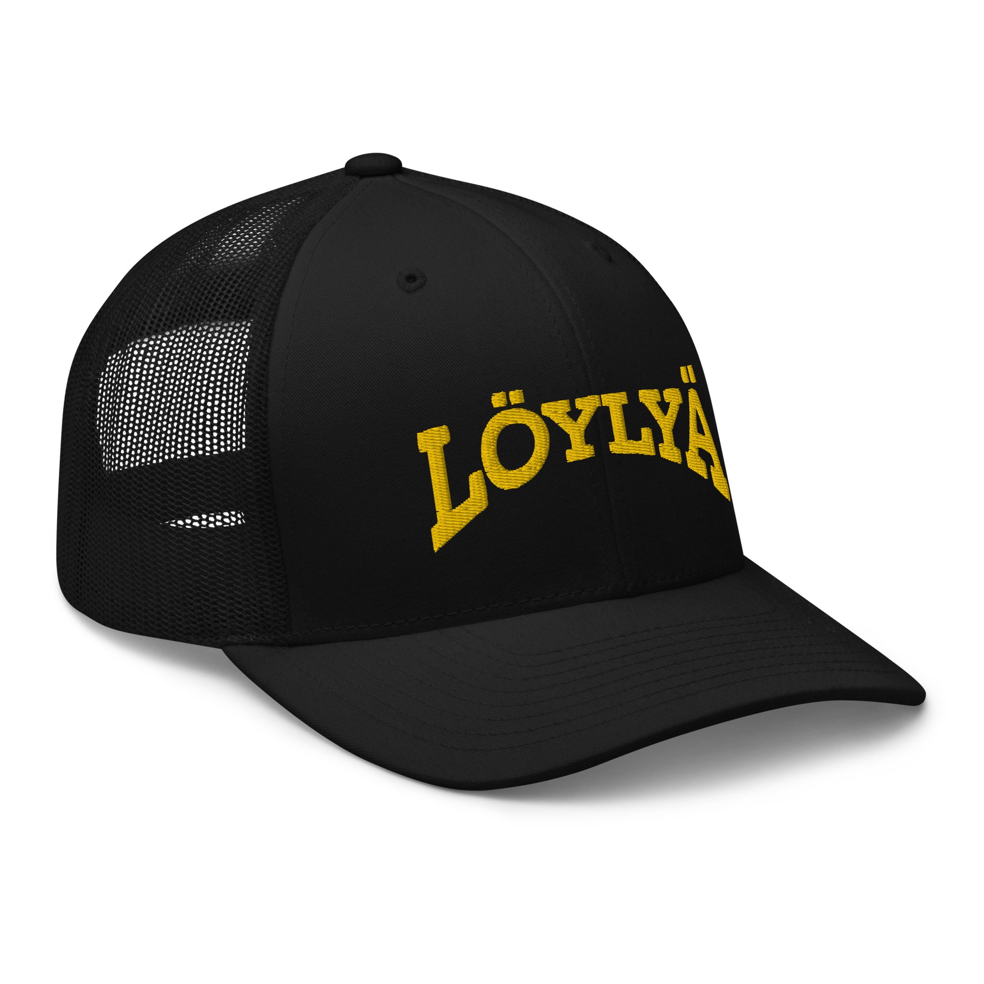 Takakuva Meemirottan Löylyä Lippiksestä, musta mesh-kuorma-autohattu, jossa säädettävä snapback-kiinnitys. Siinä on minimalistinen, logoton muotoilu, kaareva reuna ja musta nappi päällä – ihanteellinen lahjaidea hauskat vaatteista.