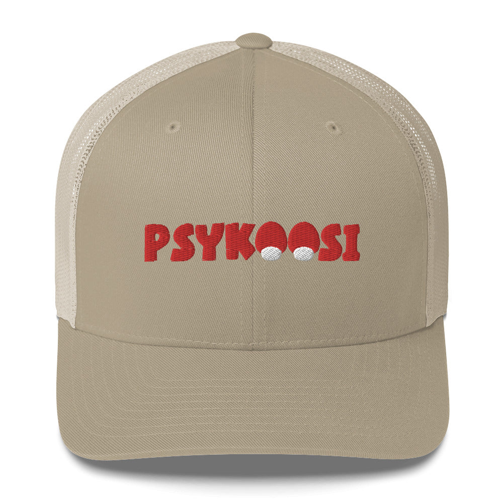 Meemirottan Psykoosi Lippis on kuvattu takaapäin sulautuen saumattomasti meemivaatteiden maailmaan. Tässä mustassa mesh-kuorma-auton hatussa on säädettävä snapback-kiinnitys ja nappi päällä, joten se on ihanteellinen lahjaidea leikkisälle tyylitajulle.