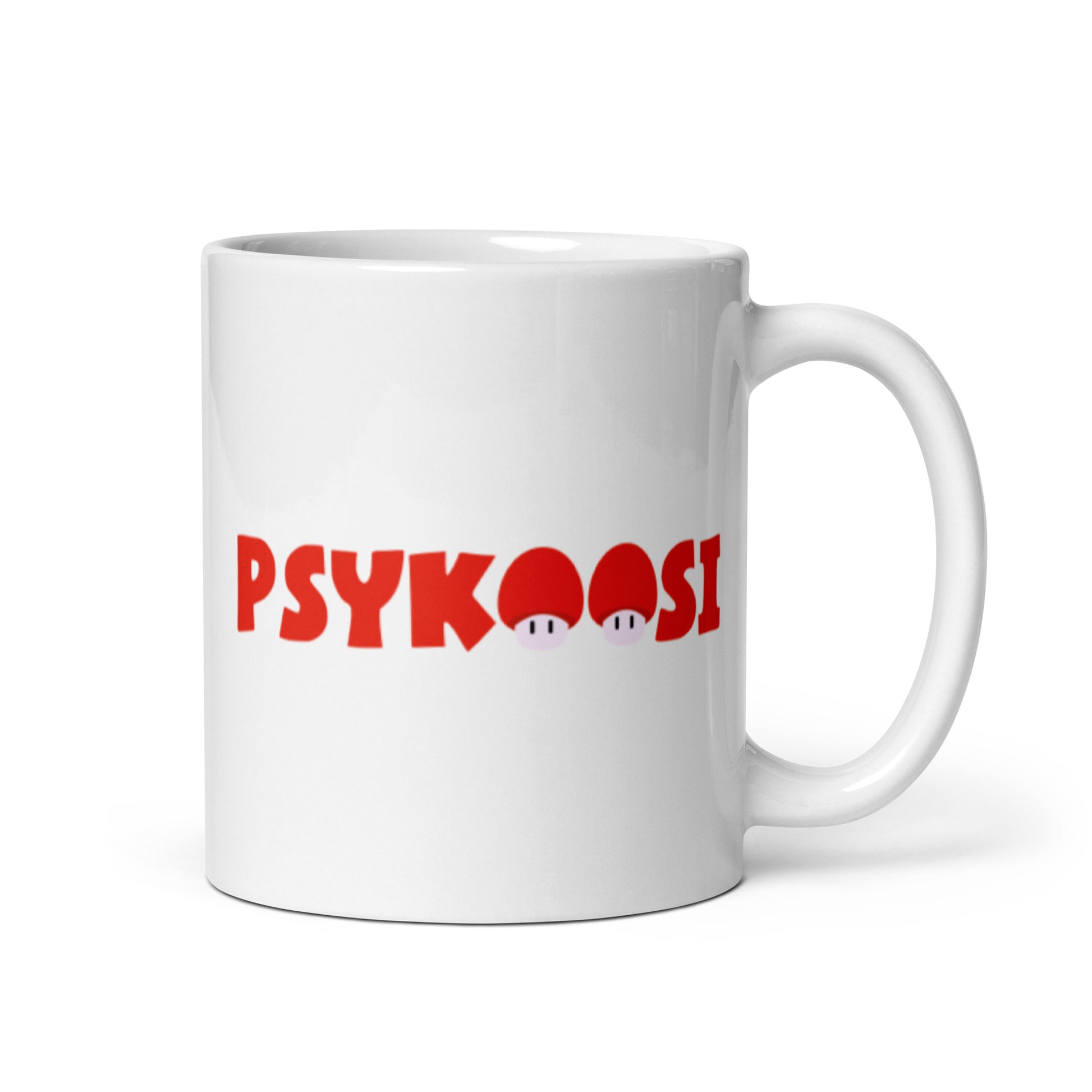 Meemirottan Psykoosi Muki on valkoinen muki, jossa sana "PSYKOOSI" lihavoituin punaisin kirjaimin, jossa kaksois "O" näyttää silmiltä tarjoten omituisen yksityiskohdan. Sen minimalistinen muotoilu tekee siitä ihanteellisen lahjaidean hauskat vaatteet ystäville.